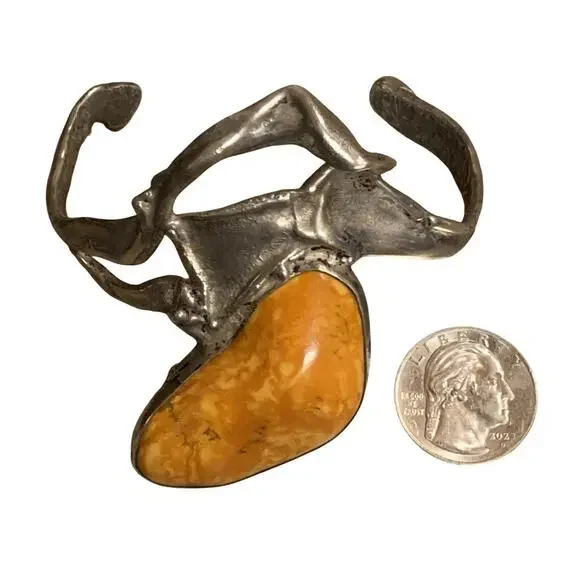 Artisan Made Eclectic Sterling Silver and Amber??? Statement Cuff Bracelet - Picture 10 of 11